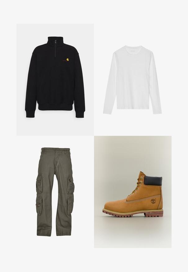 Sudadera de felpa negra con cuello alto, media cremallera, puños y cintura acanalados. Presenta un pequeño logotipo amarillo y rojo en el pecho.; Camiseta blanca de manga larga hecha de algodón suave, con cuello redondo y una textura lisa sin patrones ni detalles visibles.; Pantalones cargo de algodón verde oliva, con múltiples bolsillos laterales, un corte holgado y costuras reforzadas para mayor durabilidad.; Bota de tobillo de cuero marrón con cuello negro, cordones amarillos y suela beige. Presenta un logotipo y detalles de costura blanca. Suela exterior con tracción robusta.
