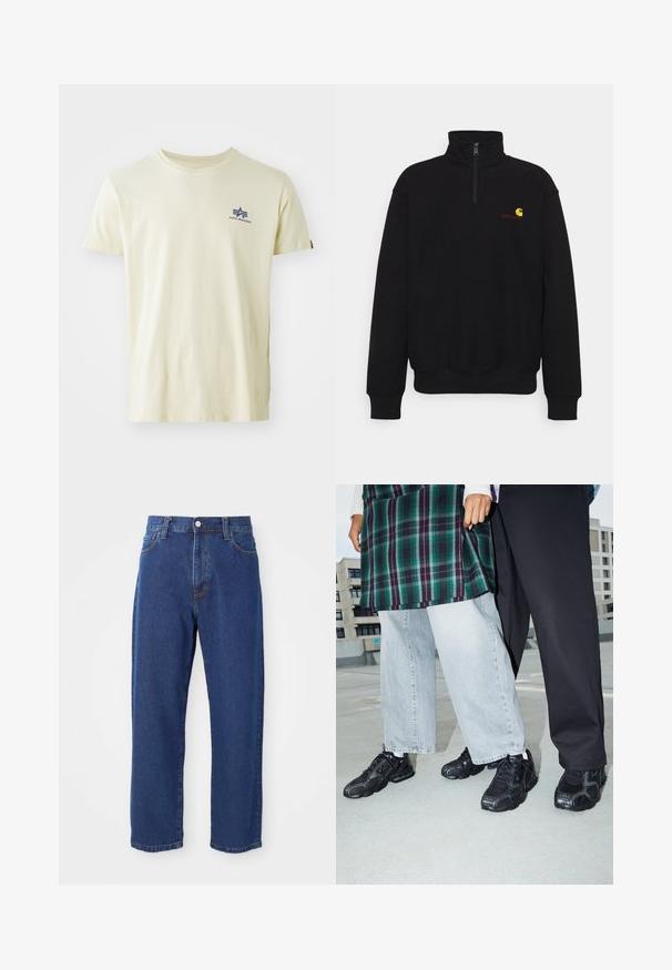 Zwarte fleecetrui met hoge kraag, halve rits, ribgebreide manchetten en tailleband. Bevat een klein geel en rood logo op de borst.; Beige T-shirt met korte mouwen en ronde hals met klein blauw Alpha Industries-logo op de linkerborst, bovenaan.; Hoge taille blauwe jeans van denim, met een rechte pijp silhouet, zichtbare stiksels en een sluiting met een voorknoop.; Zwarte sportieve schoenen met mesh- en rubberaccenten. Draagt een lichtgrijze wijde spijkerbroek en een groen geruit shirt. Effen achtergrond.