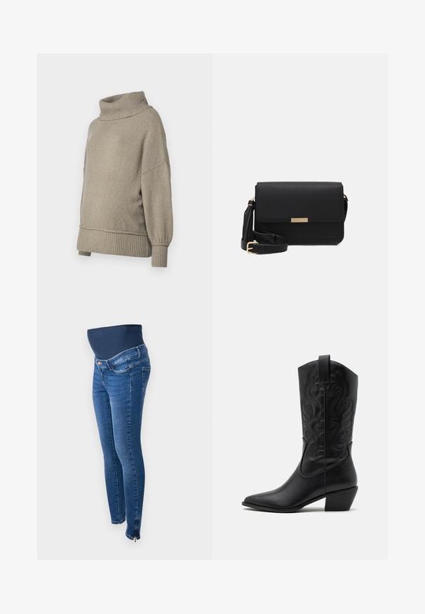 Lys grå striktrøje med en høj ribbet halsudskæring og ribbede manchetter. Løs pasform med en blød tekstur, der har sænket skuldersømme.; Graviditetsjeans i mørkeblå denim. Slim fit med et strækbart, støttende mavebånd. Har sidelommer med lynlås ved anklen.; Sorte læder cowboystøvler med spids tå, præget svungen mønster og en mid-højde hæl. Har en trækflap for nemt at tage på.; Sorte læder crossbody taske med flaplukning, guldfarvede Hardware, justerbar rem og tekstureret overflade. Kompakt rektangulær form.