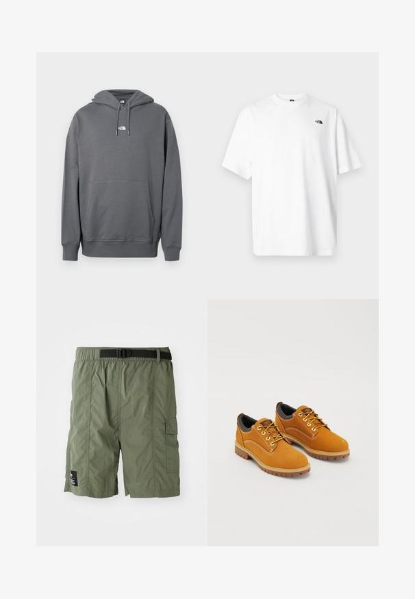 Sudadera con capucha gris hecha de tela suave, con bolsillo canguro, capucha con cordón, puños acanalados y un pequeño logo en el pecho.; Camiseta blanca de algodón con mangas cortas, diseño de cuello en V, con un pequeño logo negro en la parte superior izquierda. Textura suave, ajuste relajado.; Pantalones cortos cargo de color verde oliva con cintura elástica y hebilla negra. Incluyen un bolsillo lateral y un tejido texturizado.; Zapatos de ante marrón con punta redonda, cordones amarillos, un collar acolchado negro y suelas de goma con surcos de tracción.