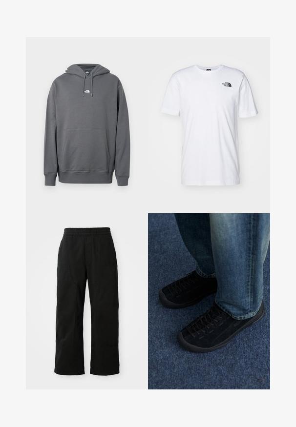Sudadera con capucha gris hecha de tela suave, con bolsillo canguro, capucha con cordón, puños acanalados y un pequeño logo en el pecho.; Camiseta de algodón blanca con un logo negro de The North Face en el lado superior izquierdo del pecho. Diseño de manga corta y cuello redondo.; Pantalones de algodón negros con una cinturilla elástica, diseño de pierna ancha y grandes bolsillos laterales. La tela parece suave con una textura lisa.; Zapatillas de ante negro con superficie texturizada, cordones sutiles y suelas de goma duraderas, combinadas con jeans de denim azul.