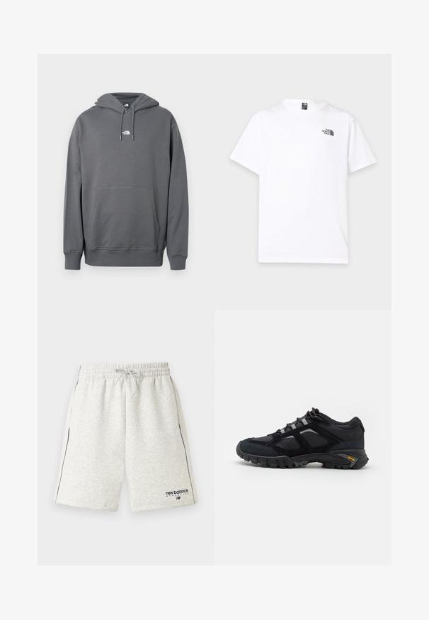 Hoodie gris en tissu doux, avec une poche kangourou, une capuche à cordon, des poignets côtelés et un petit logo sur la poitrine.; T-shirt blanc à manches courtes avec col rond et petit logo noir The North Face sur la partie supérieure gauche de la poitrine.; Shorts de sport gris clair avec taille élastique, cordon de serrage, poches latérales, liseré bleu marine et logo « new balance athletics » sur la jambe gauche.; Chaussure extérieure noire en daim et en maille avec une semelle robuste. Présente des accents gris et une marque Vibram sur le côté. Design à lacets.