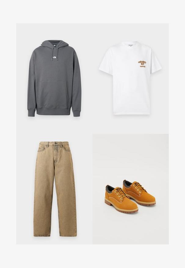 Grauer Hoodie aus weichem Stoff, mit Kängurutasche, Kapuze mit Kordelzug, gerippten Bündchen und einem kleinen Logo auf der Brust.; Weißes T-Shirt mit kurzen Ärmeln und Rundhalsausschnitt mit braunem Schriftzug „Carhartt WIP Coffee“ auf der linken Brust, Größe M, flach auf hellem Hintergrund dargestellt.; Beige Denim-Jeans mit geradem Bein, ausgestattet mit einem Reißverschluss, Gürtelschlaufen und kontrastierenden Nähten. Keine auffälligen Muster oder Hardware-Details.; Braune Wildlederschuhe mit einer runden Zehenpartie, gelben Schnürsenkeln, einem gepolsterten schwarzen Kragen und Gummisohlen mit Rillen für besseren Halt.