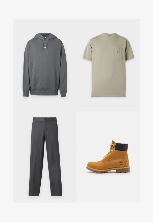Grå hættetrøje lavet af blødt stof, med kængurulomme, snøre i hætten, ribbekanter ved ærmerne og en lille logo på brystet.; Beige kortærmet Carhartt t-shirt med brystlomme med Carhartt-logo på hvid baggrund.; Grå bukser lavet af glat stof, med lige ben-design, knappelukning og bæltesløjfer; minimale sømme og uden mønstre.; Brune læder ankelstøvle med metaløjer, hvid pelsforing, sort polstret krave, robust sål og præget logo på siden.