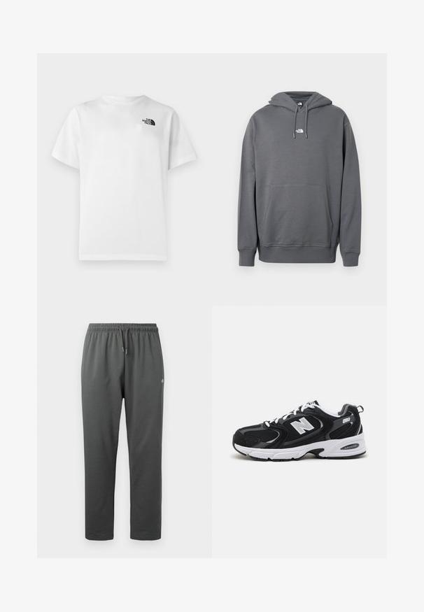Gray hoodie made of soft fabric, featuring a kangaroo pocket, drawstring hood, ribbed cuffs, and a small logo on the chest.; White cotton t-shirt with short sleeves and a crew neckline. Features a small black logo on the upper left side. Smooth texture.; Dark gray fleece sweatpants with elastic waistband and drawstring, featuring a small logo on the right thigh.; Black and gray athletic shoes with mesh and suede upper, featuring a white midsole, laces, and a bold "N" logo on the side.