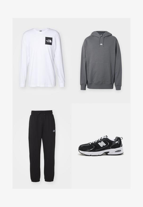 Grå hættetrøje lavet af blødt stof, med kængurulomme, snøre i hætten, ribbekanter ved ærmerne og en lille logo på brystet.; Hvid langærmet t-shirt med sort firkantet logo, der står "The North Face" på venstre overarm.; Sorte sweatpants lavet af blødt stof, med en elastisk talje med snor, manchetter ved anklerne og et lille logo på det øverste lår.; Sorte og grå sportssko med mesh og ruskind på overdelen, der har en hvid mellemsål, snørebånd og et iøjnefaldende "N" logo på siden.