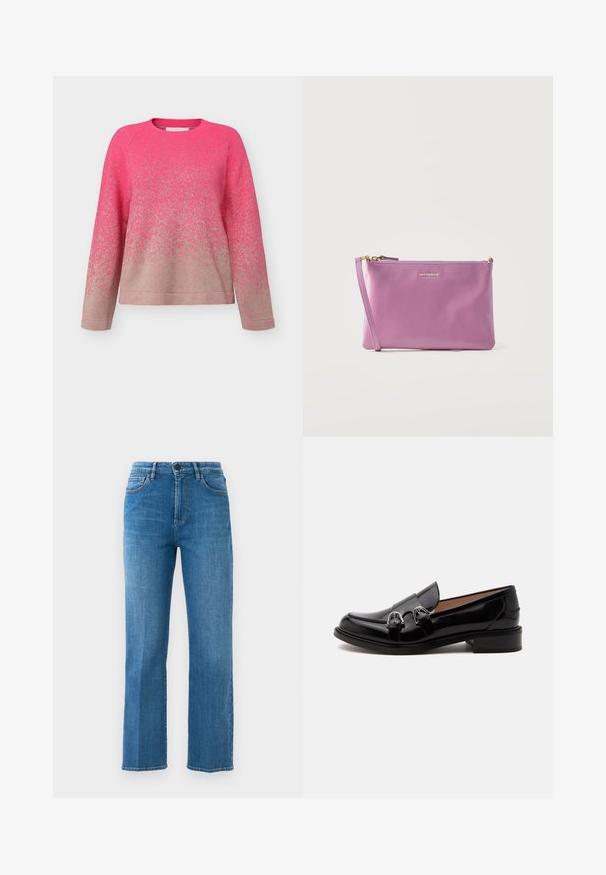 Langærmet sweater med rund hals i et pink til beige gradientstrikket mønster, afslappet pasform og ribstrikkede ærmeafslutninger og kant.; Lige ben, blå denim jeans med forlommer, bæltestropper, lynlås og knaplukning mod en ensfarvet hvid baggrund.; Sort skinnende læderloafer med dobbelte sølvspænder og lav hæl, vist fra siden på hvid baggrund.; Lille rektangulær lilla læderclutch med gylden lynlås og tynd håndledsrem, mærket "Coccinelle" med gyldne bogstaver.