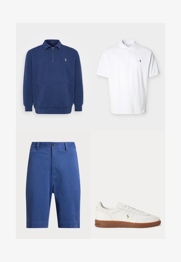 Sudadera de media cremallera en azul marino, confeccionada con una mezcla de algodón. Cuenta con un bolsillo frontal y un pequeño logo bordado en el pecho. Textura suave.; Polo blanco de manga corta con cuello, tres botones y pequeño logo bordado en azul marino en el lado izquierdo del pecho.; Shorts de algodón azul que presentan un frente plano, cierre de un solo botón y trabillas para el cinturón. Piernas de corte recto sin patrones ni acentos visibles.; Zapatilla blanca de caña baja con suela marrón, cordones en la parte delantera y pequeño logo dorado de Polo Ralph Lauren en el lateral.