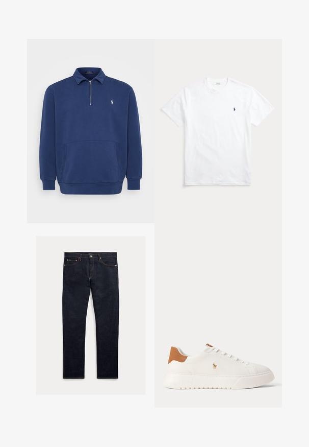 Sudadera de media cremallera en azul marino, confeccionada con una mezcla de algodón. Cuenta con un bolsillo frontal y un pequeño logo bordado en el pecho. Textura suave.; Camiseta blanca de manga corta y cuello redondo con pequeño logo bordado de jugador de polo en azul marino en el pecho izquierdo.; Jeans de mezclilla oscura con corte recto, cinco bolsillos, costuras naranjas y cierre de botones. La tela tiene una textura suave.; Zapatilla blanca de caña baja con lengüeta trasera en color marrón claro, cordones blancos y un pequeño logo bordado de jugador de polo en el lateral sobre una suela gruesa.
