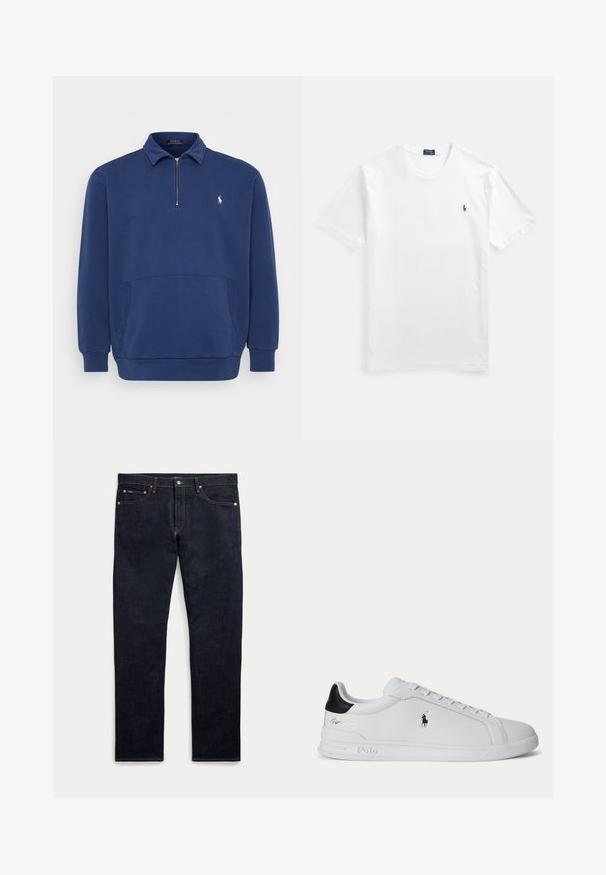 Sudadera de media cremallera en azul marino, confeccionada con una mezcla de algodón. Cuenta con un bolsillo frontal y un pequeño logo bordado en el pecho. Textura suave.; Camiseta blanca de algodón, cuello redondo, manga corta, con un pequeño logo bordado y colorido en el lado izquierdo del pecho. Textura suave, corte clásico.; Vaqueros de mezclilla azul oscuro con cinco bolsillos, cierre de botón y cremallera, y costuras doradas visibles, mostrados planos sobre un fondo claro.; Zapatilla blanca de corte bajo con lengüeta trasera negra, cordones y logo de Polo Ralph Lauren en el lateral, con detalles en relieve en la suela.