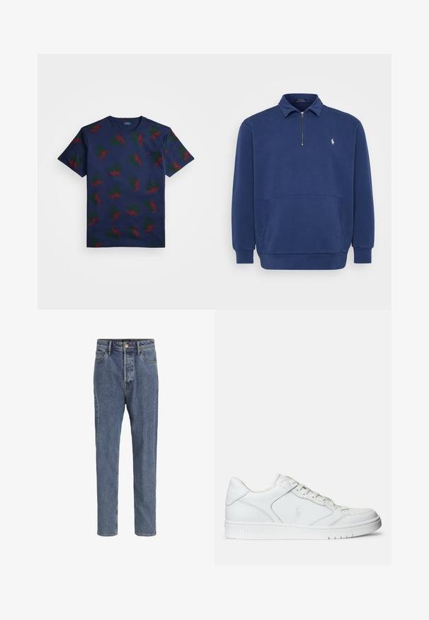 Marineblå quarter-zip pullover lavet af bomuldsblanding. Har en frontlomme og et lille broderet logo på brystet. Blød tekstur.; Marineblå bomulds t-shirt med et gentaget mønster af røde og grønne vinge-designs. Har rund hals og korte ærmer.; Lyseblå denimjeans med fem lommer, lige ben, knaplukning og bæltestropper, vist mod en ensfarvet baggrund.; Hvide lædersneakers med en glat tekstur, der har en perforeret tå, snørebåndslukning og broderet logo på siden. Hvid gummisål.