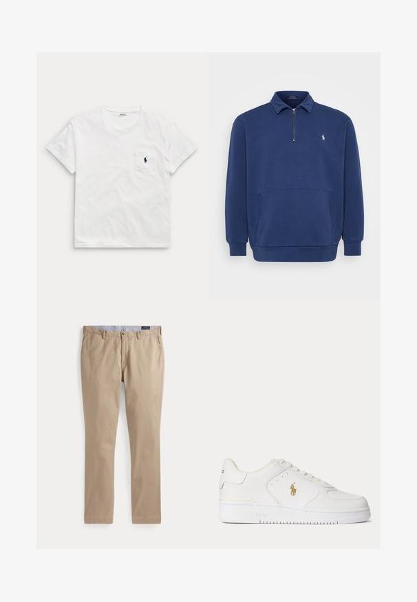Marineblå quarter-zip pullover lavet af bomuldsblanding. Har en frontlomme og et lille broderet logo på brystet. Blød tekstur.; Hvid t-shirt med korte ærmer og rund hals med en brystlomme, der har en lille mørk polo-spiller-logo.; Beige chinos med lige ben, bæltestropper, frontknap, sidelommer og en synlig Polo Ralph Lauren mærkat på indersiden af linningen.; Hvid lavtopet lædersneaker med hvide snørebånd og et gyldent Polo Ralph Lauren-logo på siden samt "Polo" præget på sålen.