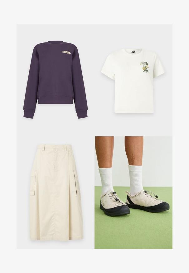 Violetti pitkähihainen pyöreäkauluksinen collegepaita, jossa on pieni valko-beige The North Face -logo vasemmassa ylärinnassa.; Valkoinen lyhythihainen puuvillainen t-paita. Vasemmassa rinnassa vihreä- ja keltakukkainen kirjailu, mukana logo. Normaali istuvuus.; Beige, polvena pituudeltaan oleva hame, joka on valmistettu puuvillasta. Siinä on kaksi sivutaskua ja edessä poikkitaitos, vyötärö ja piilotettu vetoketjukangas.; Beige kengät mustilla yksityiskohdilla, verkkomaiset sivupaneelit ja turvallinen nauhaveto. Paksut kumipohjat, joissa on kuvioitu pinta. Yhdistetty valkoisten sukkien kanssa.