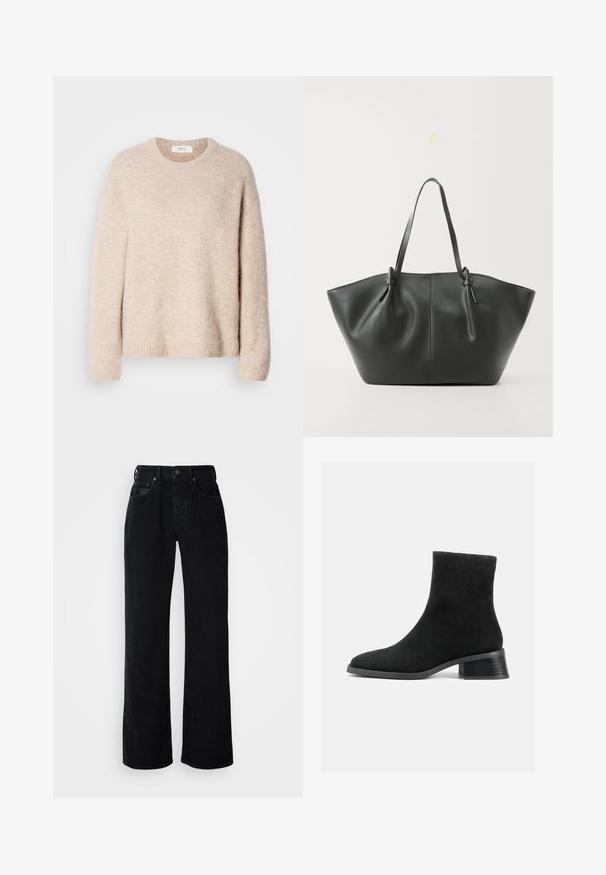 Beige strikket sweater med rund hals, lange ærmer og ribkant. Blødt, tekstureret stof med en afslappet pasform.; Sorte jeans med vide ben, lavet af bomuldsdenim. Har lukning med knapper foran, bæltestropper og design med fem lommer med diskret syning.; Sort ruskind ankelstøvle med rund tå, kort skaft og lav stablet hæl. Glat tekstur uden synlige mønstre eller pynt.; Vero Moda VMDITTA - Shopping bags - black