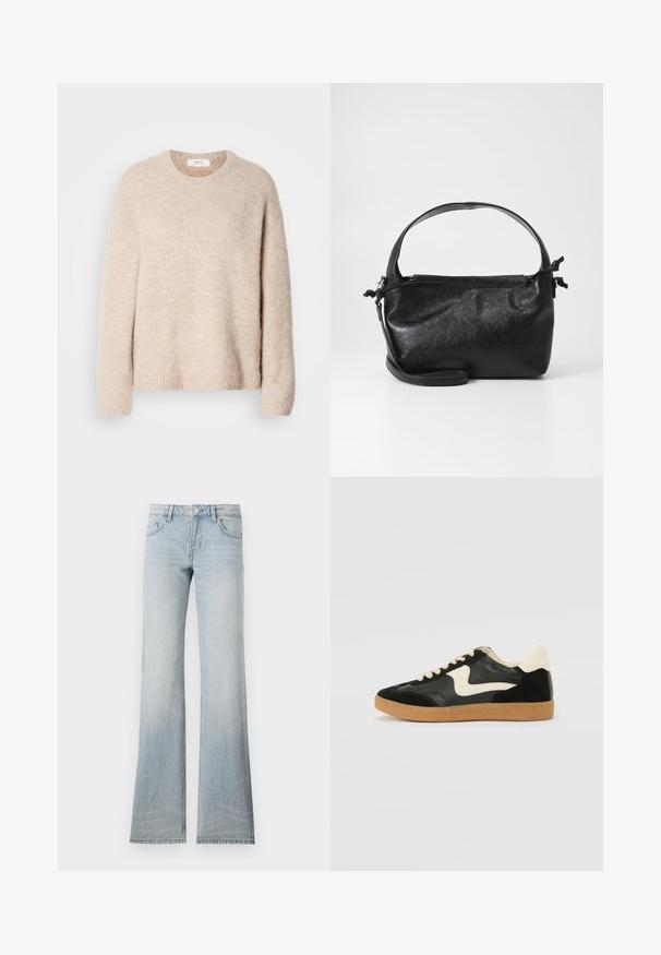 Beige strikket sweater med rund hals, lange ærmer og ribkant. Blødt, tekstureret stof med en afslappet pasform.; Lyseblå denim flared jeans med en slidt finish, fem lommer og knaplukning. Stoffet har en glat tekstur og let stræk.; Sorte ruskinds- og lædersneakers med en cremefarvet side-swoosh og lys cremefarvet hæl. Har beige snørebånd og en gummirubber-sål.; Sort læderhåndtaske med et struktureret design, rund tophåndtag og aftagelig skulderrem. Den har en glat tekstur og en subtil glans.