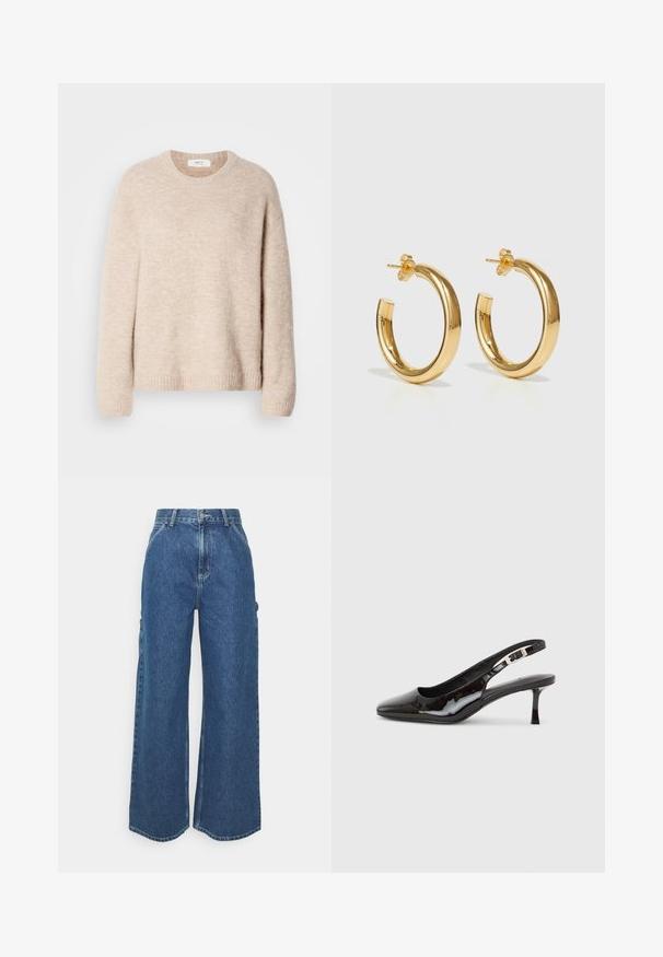 Beige strikket sweater med rund hals, lange ærmer og ribkant. Blødt, tekstureret stof med en afslappet pasform.; Bredde ben blå denimbukser med høj talje, kontrastsyede sømme og sidelommer, med et klassisk fem-lomme design og rå kanter.; Sort slingback-sko i laklæder med spids tå, sølvspænde og mellemhøj kitten-hæl på en ensartet lys baggrund.; Guldøreringe i hoop-stil med en glat, poleret overflade og en cirkulær form. Sikret med en stud-lukning for nem brug.