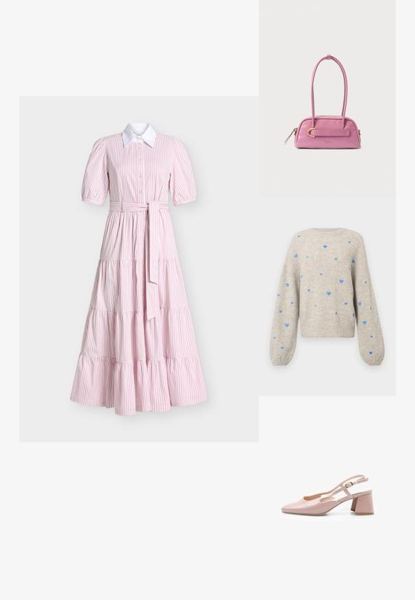 Suéter gris claro con textura de canalé, cuello redondo y mangas largas abullonadas. Presenta patrones de corazones azules dispersos por toda la prenda.; Vestido de longitud media con rayas verticales rosas y blancas, mangas cortas abullonadas, cuello blanco, botones delanteros y cinturón a juego de la misma tela en la cintura.; Zapato de charol rosa con talón abierto, punta cuadrada, correa ajustable y tacón cuadrado. Superficie suave y diseño minimalista.; Bolso de mano de cuero rosa con forma redondeada, dos asas cortas, detalles en metal dorado y cierre de cremallera. Textura suave con diseño minimalista.