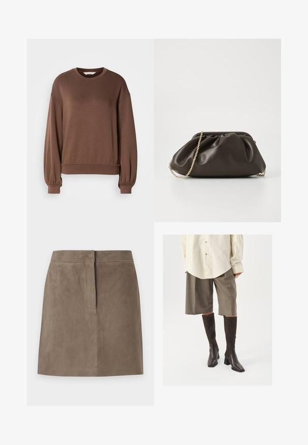 Bruine pullover sweatshirt van zacht materiaal, met een ronde halslijn, lange ballonmouwen en een geribde zoom. Vlotte textuur met minimale details.; Taupe knielange suède rok met een rechte pasvorm en een verborgen naad aan de voorkant, tegen een effen achtergrond.; Bruine kniehoge laarzen met een vierkante neus en blokhak, gecombineerd met een beige oversized shirt en bruine geruite culottes.; Bruine leren handtas met een geaccentueerd ontwerp, gouden kettinghengsel en een zachte, textuurafwerking. Compacte vorm geschikt voor avondgebruik.
