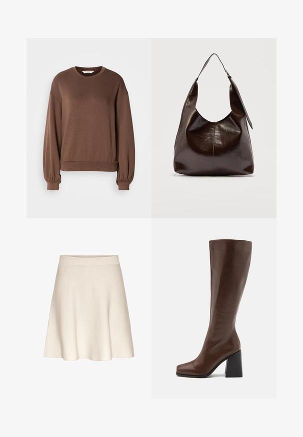 Brun pullover sweatshirt i blødt materiale, med rund halsudskæring, lange ballonærmer og ribbet kant. Glat tekstur med minimal dekoration.; En udvidet, beige nederdel lavet af blødt stof med en glat tekstur, der har et bredt taljebånd og en knælængde.; RAID RENZO - Høje støvler/ Støvler - brown; Mørkebrunt, skinnende læder skuldertaske med en enkelt bred rem og spændedetalje på den ene side, sat mod en ensartet lys baggrund.