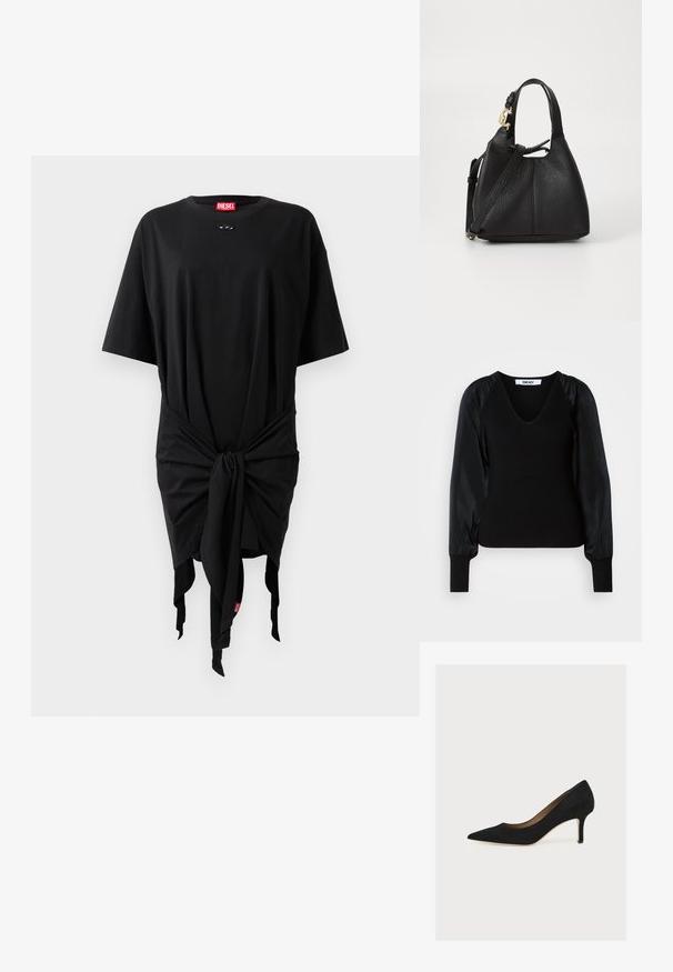 Zwarte DKNY trui met lange mouwen en V-hals, geribd lichaam en manchetten, en gladde stof met pofmouwen.; Zwarte katoenen t-shirt jurk met korte mouwen, voorzien van een knoopdetail in de taille en een logo label. Smooth textuur en losse pasvorm.; Zwarte suède pump met puntige neus, middenhoge naaldhak en tan binnenzool op een lichte achtergrond.; Zwarte leren handtas met een gestructureerde afwerking, gebogen vorm, korte handvat en een afneembare schouderband. Heeft een gouden hardwareaccent.