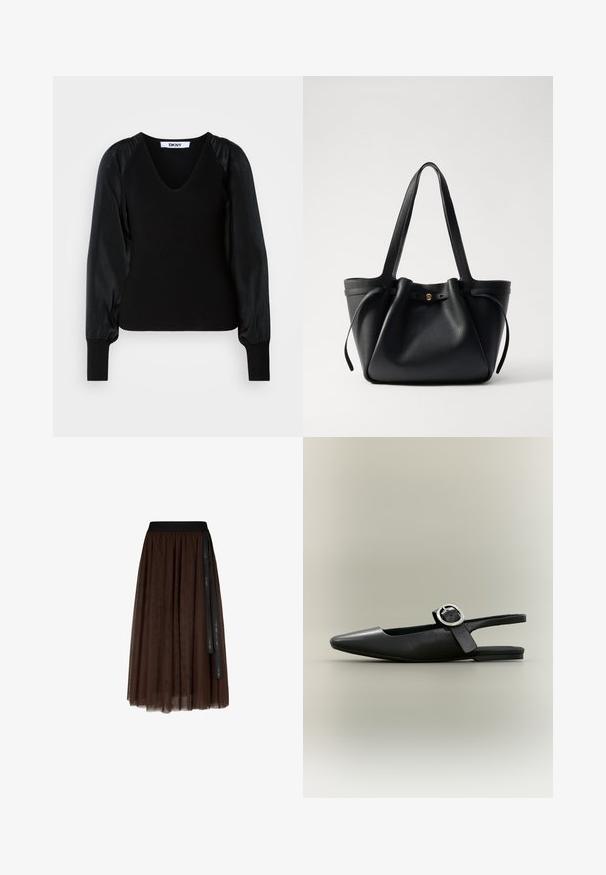 Sort DKNY langærmet sweater med V-hals, ribstrikket krop og manchetter samt glatte puffærmer.; Brun midi-længde tylskørt med sort elastisk talje og lang sort bånddetalje hængende på den ene side.; Sort spids flat slingback-sko med sølv spænde og lav hæl på en neutral baggrund.; Sort læder tote taske med to lange stropper, en indsnøret top og et gyldent cirkulært accent. Glat tekstur med et minimalistisk design.