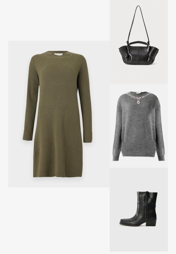 Hallus halli kudum, ribidega tekstuuriga, ümara kaelusega ja kaeluses vääriskividega kaunistused, sealhulgas lillad ja selged kivid.; CLOSED CREW NECK DRESS LONG SLEEVE - Kampsunkleit - forest green; Musta nahast pahkluu saabas ümarate varvastega, plokknäppu, külgsepa ja pealsetel õmblusest aktsentidega. Sile tekstuur, klassikaline disain.; Must have mustel mingi nahast käekott tekstureeritud pinna, pehmed voltid, kahekordne sang ja kootud käepideme detailid. Kompaktne, avatud ülaosaga disain.