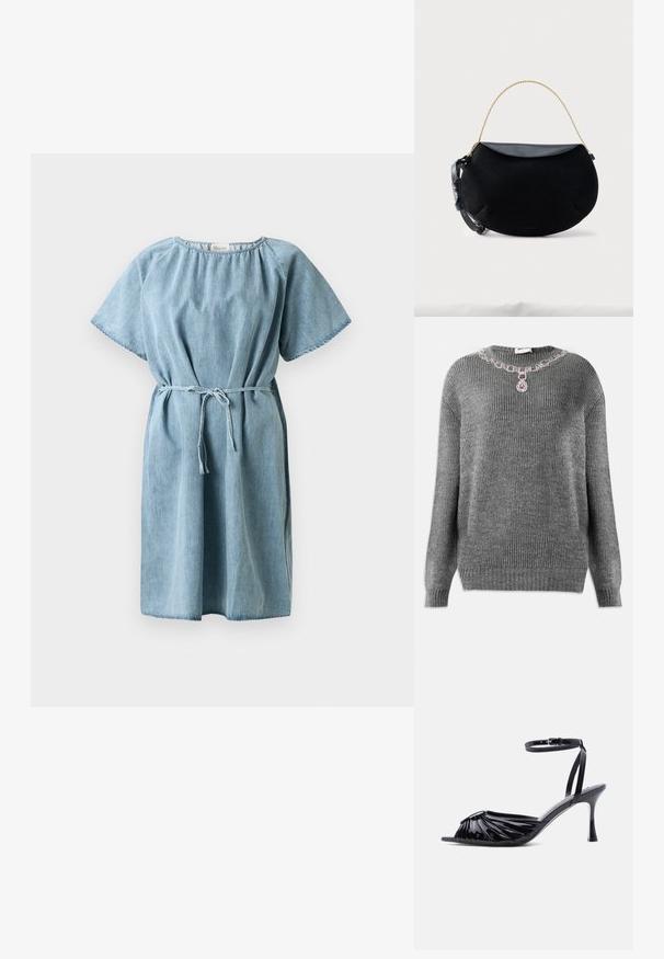 Grå strikket sweater med ribbet struktur, rund halsudskæring og pyntet med juvelaccent ved kraven, der har lilla og klare sten.; Lyseblå denimkjole med korte ærmer, samlet nakke og bælte i taljen. Har et afslappet fit og knælang nederdel.; Sort højhælet sandal i laklæder med åben tå, rynket frontdesign og justerbar ankelrem med spænde.; Sort halvåformet håndtaske med glat læderklap, gyldent kædehåndtag og justerbar sort læderrem på hvid baggrund.