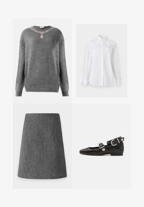 Grå strikket sweater med ribbet struktur, rund halsudskæring og pyntet med juvelaccent ved kraven, der har lilla og klare sten.; Hvid langærmet skjorte med krave og to brystlommer, hver med en dekorativ sløjfe nær toppen.; Grå fiskebensmønster nederdel med en udvidet A-linjeform, lavet af tekstureret stof. Har en ren talje og ingen synlige detaljer eller pynt.; Sorte patenteret lædersko med firkantet tå, ankelrem med sølvhardware og flad sål. Glat tekstur med minimalistisk design.