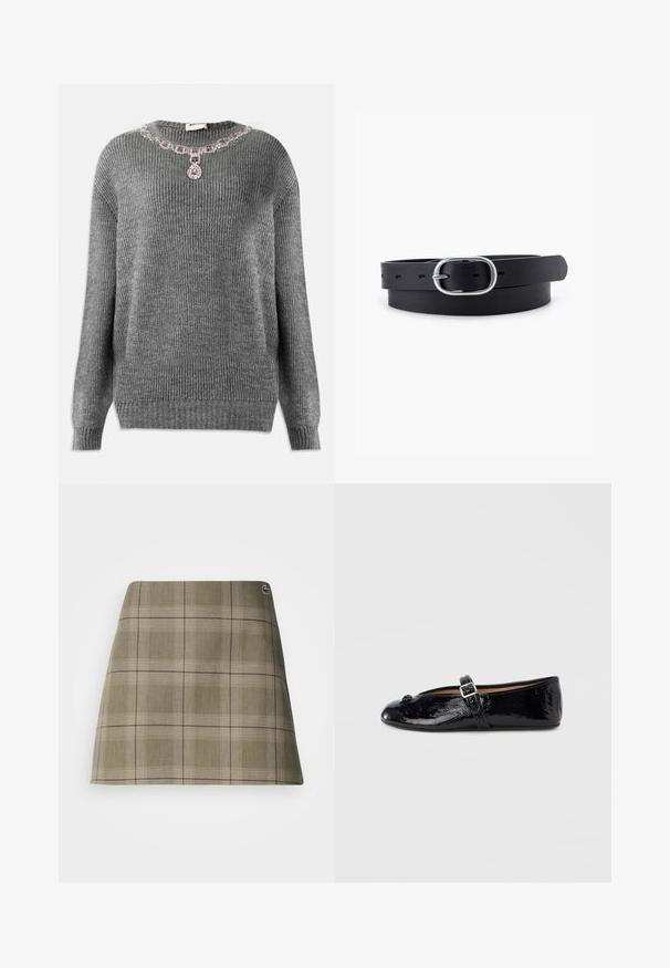 Grijze gebreide trui met ribbelstructuur, ronde halslijn en versierde juwelenaccent bij de kraag met paarse en heldere stenen.; Geruite mini-rok in olijfgroen en beige, met een rechte snit, een subtiele textuur en een klein logo-accent bij de tailleband.; Zwarte lakleren ballerina met een ronde neus, verstelbare band en een gestructureerd oppervlak. Voorzien van een decoratief bloemenaccent.; Zwarte leren riem met een gladde textuur, ovaal zilveren metalen gespsluiting en meerdere verstelgaten langs de band. Platte, minimalistische uitstraling.