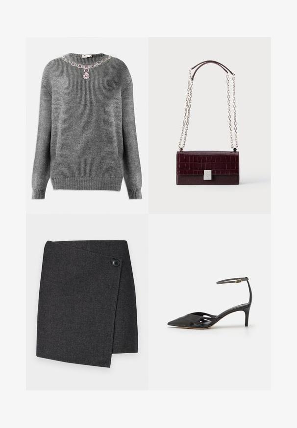 Grå strikket sweater med ribbet struktur, rund halsudskæring og pyntet med juvelaccent ved kraven, der har lilla og klare sten.; Mørkegrå indpakningsnederdel lavet af tekstureret stof, med knaplukning på venstre side og en asymmetrisk kant.; Sort læder højhælet sko med spids tå, åbne sider og en tynd ankelrem med en lille guld detalje.; Mørk bordeaux rektangulær håndtaske med krokodilletekstur flap, sølv rektangulært spænde og dobbelte sølv kæderem med læder skulderstropper.
