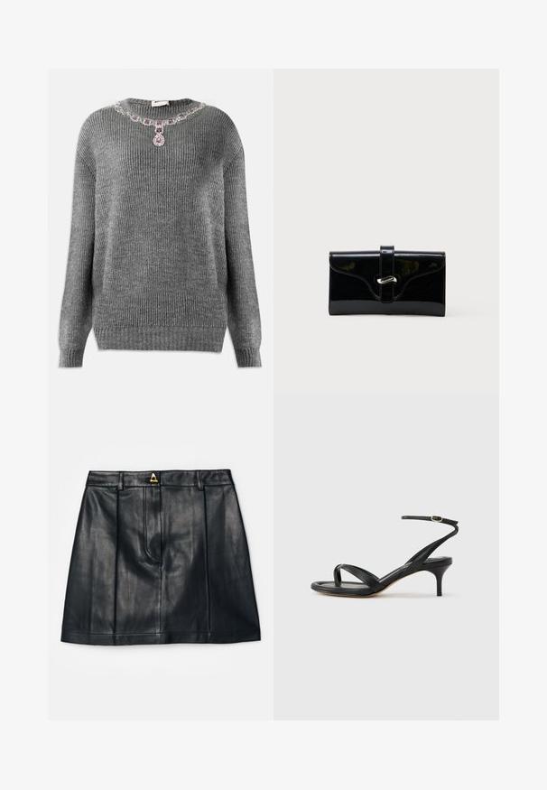 Grauer Strickpullover mit gerippter Textur, rundem Halsauschnitt und verziertem Schmuckakzent am Kragen mit lila und klaren Steinen.; AERON RUDENS SKIRT - A-Linien-Rock - black; Schwarze Ledersandale für Damen mit dünnen Riemchen, einer Zehenlasche, einer Knöchelschnalle und einem mittelhohen Stöckelabsatz vor neutralem Hintergrund.; Schwarze glänzende rechteckige Brieftasche mit einem vorderen Riemen und silberner Metallverschluss, vor einem schlichten weißen Hintergrund.