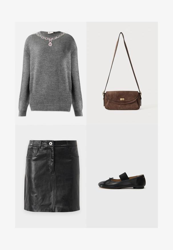 Grå strikket sweater med ribbet struktur, rund halsudskæring og pyntet med juvelaccent ved kraven, der har lilla og klare sten.; Weekend Max Mara HULL - Pencil skirt - nero; Sorte læder ballet flats med en rund tå, en lille knude detalje og et elastisk bånd over vristen for en sikker pasform. Flad sål.; Brun ruskind skuldertaske med en lang, justerbar strop og en guldfarvet drejelås på frontklappen.