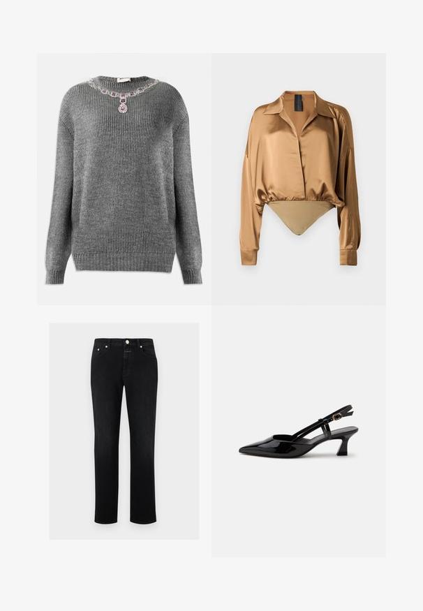 Pull en tricot gris avec texture côtelée, décolleté rond et accent bijou orné au col avec des pierres violettes et transparentes.; Blouse en satin bronze avec un col chemise, manches longues et un bas ajusté style body. Texture lisse et léger éclat.; Jean noir à jambe droite avec cinq poches, fermeture à bouton et passants pour ceinture, présenté sur un fond blanc.; Chaussure slingback en cuir verni noir à petit talon, bout pointu et bride réglable avec boucle dorée sur fond blanc.