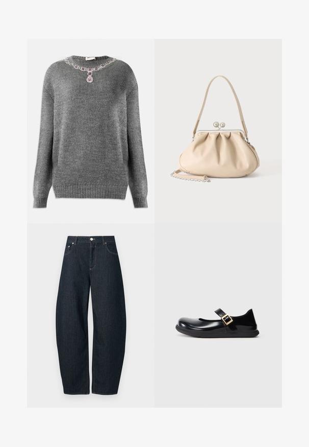 Grå strikket sweater med ribbet struktur, rund halsudskæring og pyntet med juvelaccent ved kraven, der har lilla og klare sten.; CLOSED JAZZIE - Jeans Relaxed Fit - dark blue; Sort patentlæder Mary Jane sko med rund tå, en enkelt rem med en guldbuckle og en struktureret sort gummisål.; Beige blød læderhåndtaske med en sølv metalramme-lukning, enkelt skulderstrop og en valgfri kæderem på en hvid baggrund.