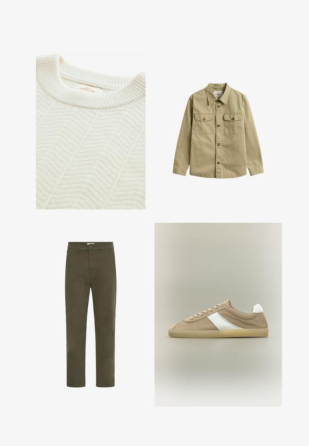 Cremefarvet strikket sweater med ribbet rund hals, der har et struktureret halvanden mønster og et mærke med teksten "NEXT SIGNATURE."; Khaki langærmet skjorte med knapper, krave og to forlommer med knapklapper.; Herregrønne casual bukser med lige ben, knaplukning og bæltestropper, designet til hverdagsbrug.; Lys brun ruskindssneaker med beige sål, hvid hælkappe, hvid sideliste og snørelukning på neutral baggrund.