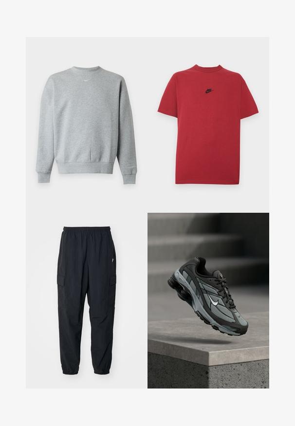 Hellgraues Sweatshirt mit langen Ärmeln und Rundhalsausschnitt, mit gerippten Bündchen an Ärmel und Saum, auf der Mitte der Brust mit einem kleinen weißen Nike-Swoosh-Logo.; Rotes Baumwoll-T-Shirt mit schwarzem Nike-Logo auf der Brust, kurzen Ärmeln, rundem Ausschnitt und normaler Passform. Glatte Textur.; Schwarze Cargo-Hosen aus leichtem Material mit einem elastischen Bund, Seitentaschen und einer lockeren Passform mit elastischen Bündchen.; Grauer und schwarzer Sportschuh mit Netzpaneelen und dicker Sohle, schwebend in der Luft über einer Betonmauer mit Treppen im Hintergrund.