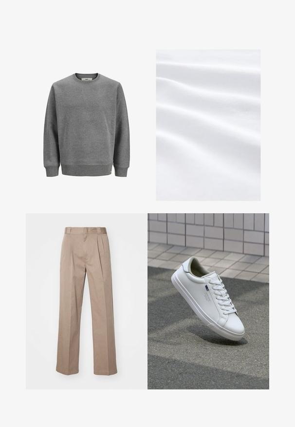 Grå sweatshirt lavet af bomuldsblanding, med rund halsudskæring, ribbede manchetter og nederste kant. Diskret præget logo foran. Klassisk pasform.; Blødt, glat hvidt stof med subtile vandrette folder og et fint, struktureret vævemønster, jævnt oplyst uden skygger.; Beige, høj talje bukser med bred ben-design. Har to forreste plisseringer og en glat tekstur. Standard længde med en ren finish.; Hvide lædersneakers med en glat finish, rund tå, flade snørebånd og en tekstureret gummisål; har et lille blåt logo på siden.