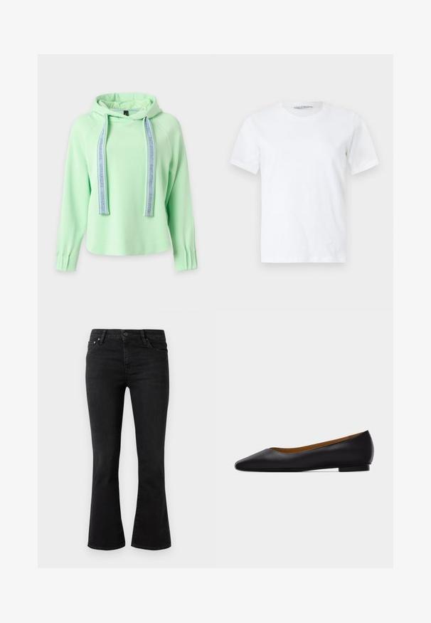 Hellgrüner Kapuzenpullover mit langen Ärmeln und breiten Kordeln mit dem Text "Urban Life".; Unifarbenes weißes T-Shirt mit kurzen Ärmeln und Rundhalsausschnitt, flach auf hellem Hintergrund liegend, Vorderansicht mit kleinem sichtbarem Markenetikett im Kragen.; Schwarze ausgestellte Jeans aus Denim-Stoff, mit einem klassischen 5-Taschen-Design, Knopfverschluss vorne und leichtem Verblassen an den Oberschenkeln.; Schwarzer flacher Schuh aus Leder mit spitz zulaufender Vorderkappe, niedrigem Absatz und glatter Oberfläche, von der Seite vor einem hellgrauen Hintergrund dargestellt.