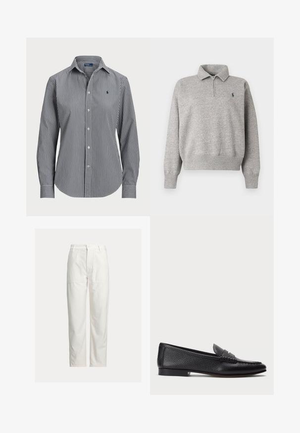 Lysegrå langærmet pullover med kvart lynlås, ribstrikkede manchetter og linning samt en lille mørk logo broderet på venstre bryst.; Stribet skjorte med knapper, der har lodrette marineblå og hvide striber, lange ærmer, spidse kraver og et lille logo på brystet.; Hvide bukser med lige ben, store foran-lommer, bæltestropper og lukning med knap i taljen.; Sorte læder loafers med struktureret finish, der har en dekorativ rem og flad hæl. Slank, minimalistisk design med rund tå.