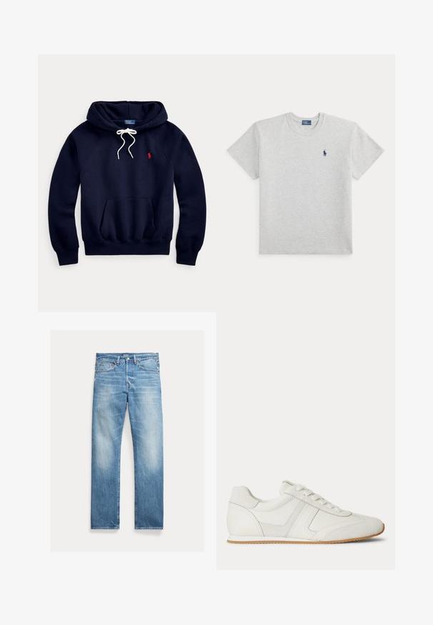 Marineblaue Kapuzenpullover mit weißen Kordeln, Fronttasche und kleinem rotem Logo auf der linken Brust.; Hellgraues T-Shirt mit kurzen Ärmeln und Rundhalsausschnitt mit kleinem dunkelblauem Polo Ralph Lauren-Logo auf der linken Brust.; Hellblaue Straight-Leg-Denim-Jeans mit leichtem Verblassen, Fünf-Taschen-Design und sichtbarem Polo-Markenlabel am Bund.; Weißer Sneaker mit niedrigem Schaft, Schnürung vorne, Velours- und Lederpaneelen sowie einer hellbraunen Gummisohle auf weißem Hintergrund.