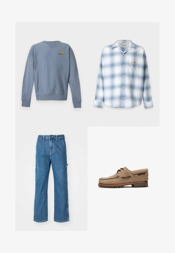 Lichtblauwe lange mouwen sweater met ronde hals, met geribbelde manchetten en zoom, met een klein geel en rood Carhartt-logo op de linkerborst.; Lichtblauw-wit geruit overhemd met lange mouwen, knopen, spitse kraag en voorzak op de borst met een Carhartt-logo patch.; Blauwe denim cargobroek met een relaxed fit, voorzien van zijzakken, een rits en contrasterende stiksels op de naden.; Beige suède veterschoen met robuuste zool, leren veters en gevoerde kraag, met Timberland-logo aan de zijkant.