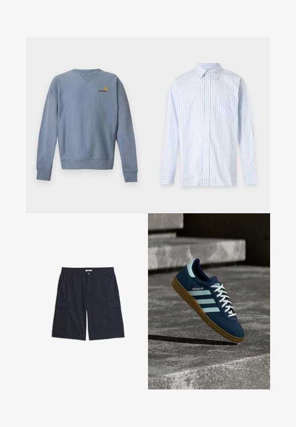 Sweat-shirt bleu clair à manches longues avec col rond, poignets et bas côtelés, avec petit logo Carhartt jaune et rouge sur la poitrine gauche.; Chemise à manches longues boutonnée avec des rayures verticales bleu clair et blanc et une poche poitrine sur fond uni.; Shorts cargo pour hommes bleu marine avec une ceinture élastique, un bouton à l'avant, des poches latérales et des poches à rabat sur chaque cuisse.; Baskets Adidas Spezial bleues avec des rayures et des lacets blancs, semelle en gomme, flottant au-dessus d'une surface en béton rugueuse et des marches en arrière-plan.
