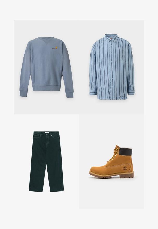 Svetlomodrá mikina s dlhým rukávom a okrúhlym výstrihom, s rebrovanými manžetami a spodným lemom, s malým žlto-červeným logom Carhartt na ľavej strane hrudníka.; Svetlomodrá košeľa s dlhým rukávom na gombíky s čiernymi vertikálnymi pruhmi a predným náprsným vreckom.; Tmavo zelené široké denimové nohavice s gombíkom a zipsom, prednými vreckami a pútkom na opasok, položené na bielom pozadí.; Hnedé kožené ankle boot s kovovými očkami, bielym kožúškom vo vnútri, čiernym vypolstrovaným golierom, robustnou podrážkou a vyrazeným logom na boku.