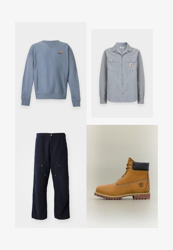 Lyseblå langærmet crewneck sweatshirt med ribstrikkede manchetter og kant, med lille gult og rødt Carhartt-logo på venstre bryst.; Lysegrå langærmet skjorte med knapper og to brystlommer, hvoraf den ene har en lille Carhartt-logo patch på højre side.; Marineblå brede bukser lavet af bomuld med en struktureret overflade. Har to frontlommer med knapdetaljer og en frontlukning med knap.; Brun læderankelstøvle med sort krave, gule snørebånd og tanfarvet sål. Har logo og hvide syninger som detalje. Robust ydersål med greb.
