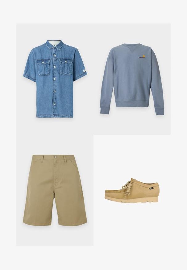 Sweat-shirt bleu clair à manches longues avec col rond, poignets et bas côtelés, avec petit logo Carhartt jaune et rouge sur la poitrine gauche.; Chemise en denim bleu à manches courtes, fermeture à boutons et deux poches à rabat à l'avant, présentée sur un fond clair uni.; Shorts beige en tissu à texture lisse, avec un devant plat, des passants pour ceinture et des poches latérales ; coupe droite pour les jambes.; Mocassin en daim beige avec semelle en caoutchouc, détail lacé et petite étiquette en tissu Gore-Tex sur le côté.