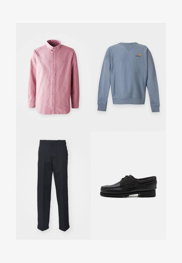 Lyseblå langærmet crewneck sweatshirt med ribstrikkede manchetter og kant, med lille gult og rødt Carhartt-logo på venstre bryst.; Langærmet, knap-op skjorte i let pink stof. Har en klassisk krave, seks knapper ned foran og et subtilt logo på brystet.; Sorte skræddersyede bukser med lige ben, fremstillet af glat stof, med et taljebånd med løkker og uden synlige mønstre eller hardware.; Sort sko med overdel i læder, tekstilaccentuer, runde snørebånd og en tekstureret gummisål. Udstyret med mokkasinsyning og branddetalje.