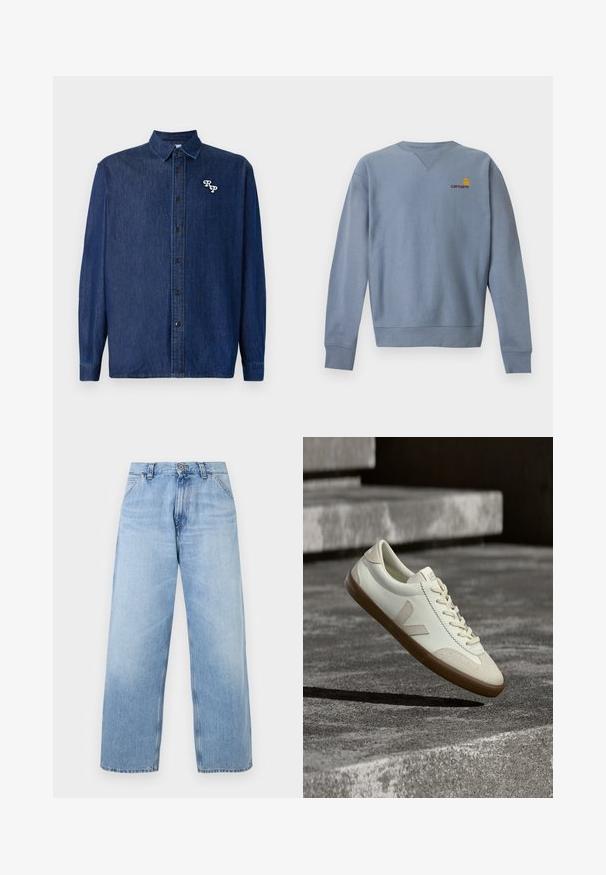 Sudadera de manga larga y cuello redondo en azul claro, con puños y bajo de canalé, con pequeño logo de Carhartt en amarillo y rojo en el pecho izquierdo.; Camisa de denim azul oscuro con cierre de botones en la parte delantera, mangas largas y cuello puntiagudo. Presenta un logo "RP" bordado en blanco.; Vaqueros de pierna ancha de mezclilla azul claro con bolsillos delanteros, trabillas para cinturón, cierre de botón y detalles descoloridos.; Zapatillas blancas de cuero con suela de goma color beige, cordones planos y un acento en forma de V en el costado. Presentan una superficie lisa y detalles mínimos de costura.