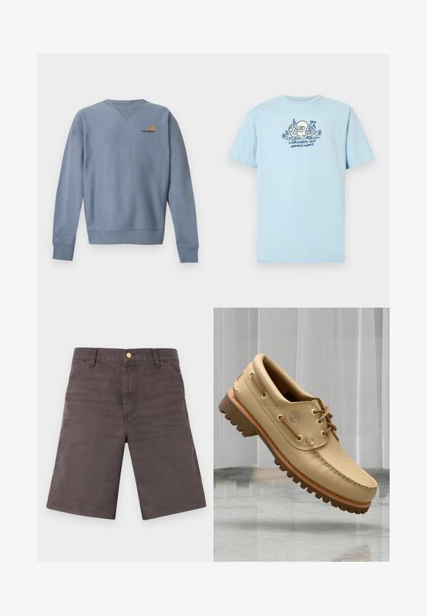 Sweat-shirt bleu clair à manches longues avec col rond, poignets et bas côtelés, avec petit logo Carhartt jaune et rouge sur la poitrine gauche.; T-shirt en coton bleu clair avec un motif graphique d'une pieuvre et le texte "CARHARTT WIP GRAPHIC WORKS" en bleu foncé. Manches courtes, col rond.; Shorts gris foncé longueur genou avec poches avant, passants pour ceinture et fermeture à bouton métallique sur un fond clair.; Chaussure bateau en cuir marron clair avec semelle épaisse et striée et détails de lacets, flottant au-dessus d'un sol en marbre et d'un fond de stores verticaux blancs.