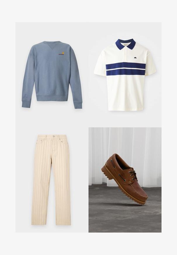 Lyseblå langærmet crewneck sweatshirt med ribstrikkede manchetter og kant, med lille gult og rødt Carhartt-logo på venstre bryst.; Hvid polo skjorte med marineblå striber på tværs af brystet og kraven. Har korte ærmer og et lille logo på venstre side nær kraven.; Beige lige ben bukser med lodrette striber, der har knaplukning, bælteløkker og sidelommer. Stoffet har en glat overflade.; Brun læder bådsko med sorte snørebånd, beige syninger og en robust sål, hængende over en grå betongulv.