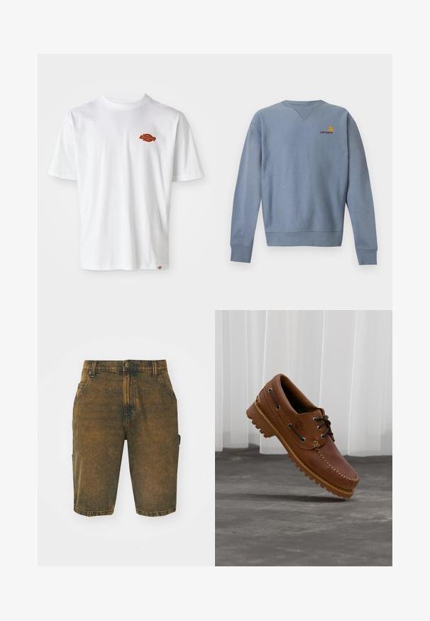 Svetlomodrá mikina s dlhým rukávom a okrúhlym výstrihom, s rebrovanými manžetami a spodným lemom, s malým žlto-červeným logom Carhartt na ľavej strane hrudníka.; Biela bavlnená tričko s krátkymi rukávmi, s malým oranžovým a čiernym logom "Dickies" na ľavej strane hrude.; Džínové šortky vo vyblednutej hnedej farbe s jemne opotrebovanou textúrou. Obsahujú pútka na opasok, predné vrecká a bočné vrecko na cargo.; Hnedá kožená lodná obuv s čiernymi šnúrkami, béžovým prešívaním a robustnou podrážkou, zavesená nad sivou betónovou podlahou.